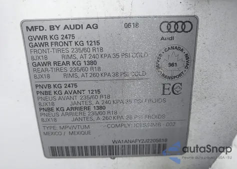 2018 Audi Q5 2.0T Premium/2.0T Tech Premium z USA, uszkodzony, nr VIN WA1ANAFY2J2205618